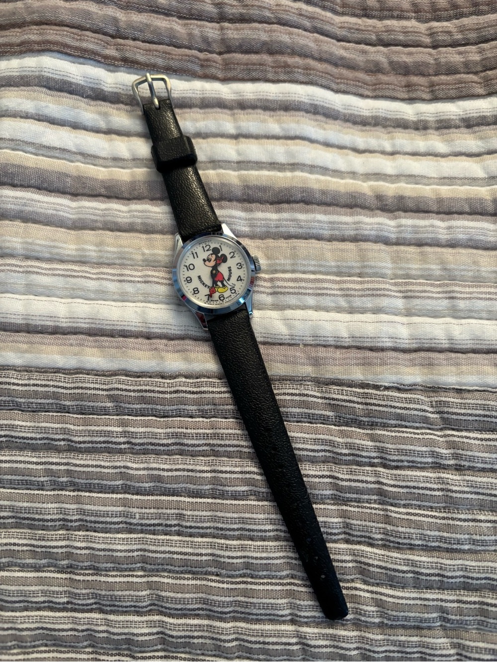 Vintage Mickey Mouse Character Watch with Black Leather Strap